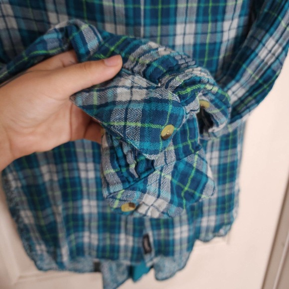 Tolani Womens Flannel Blue Green Plaid Slubbed Cotton Pleated Back Blouse Top M - Picture 6 of 11
